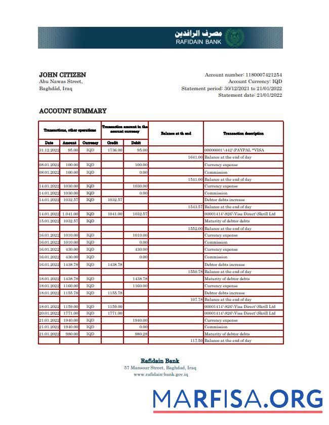 Printable Iraq Rafidain bank statement excel example